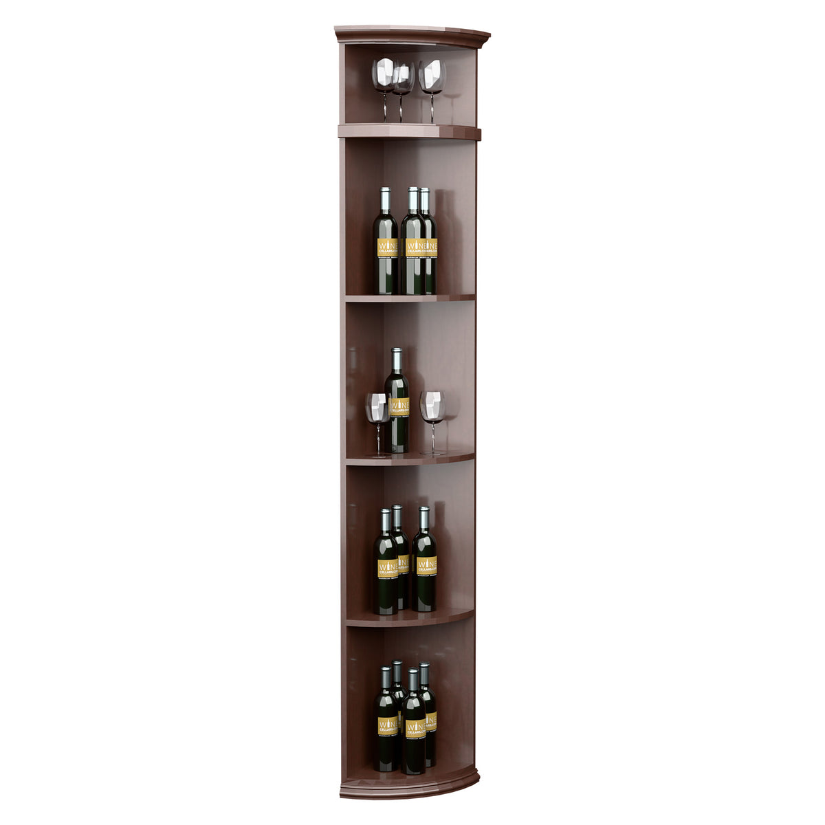 Gray-brown quarter-round wine shelf with round base and bottle-and-glass display shelves