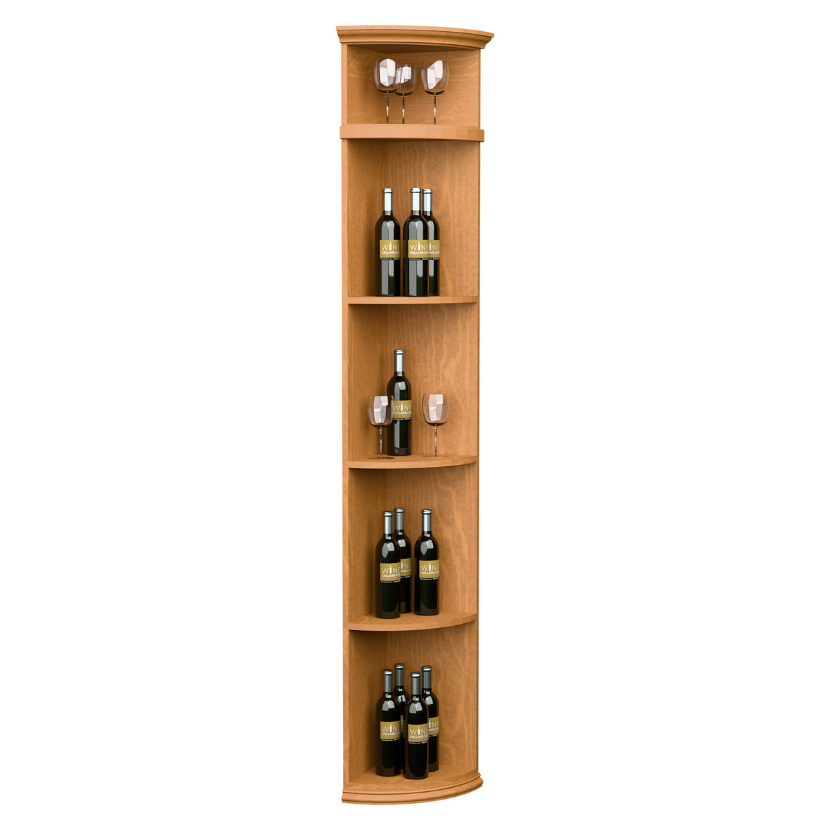 Light wood quarter-round wine shelf with round base and open bottle display shelves