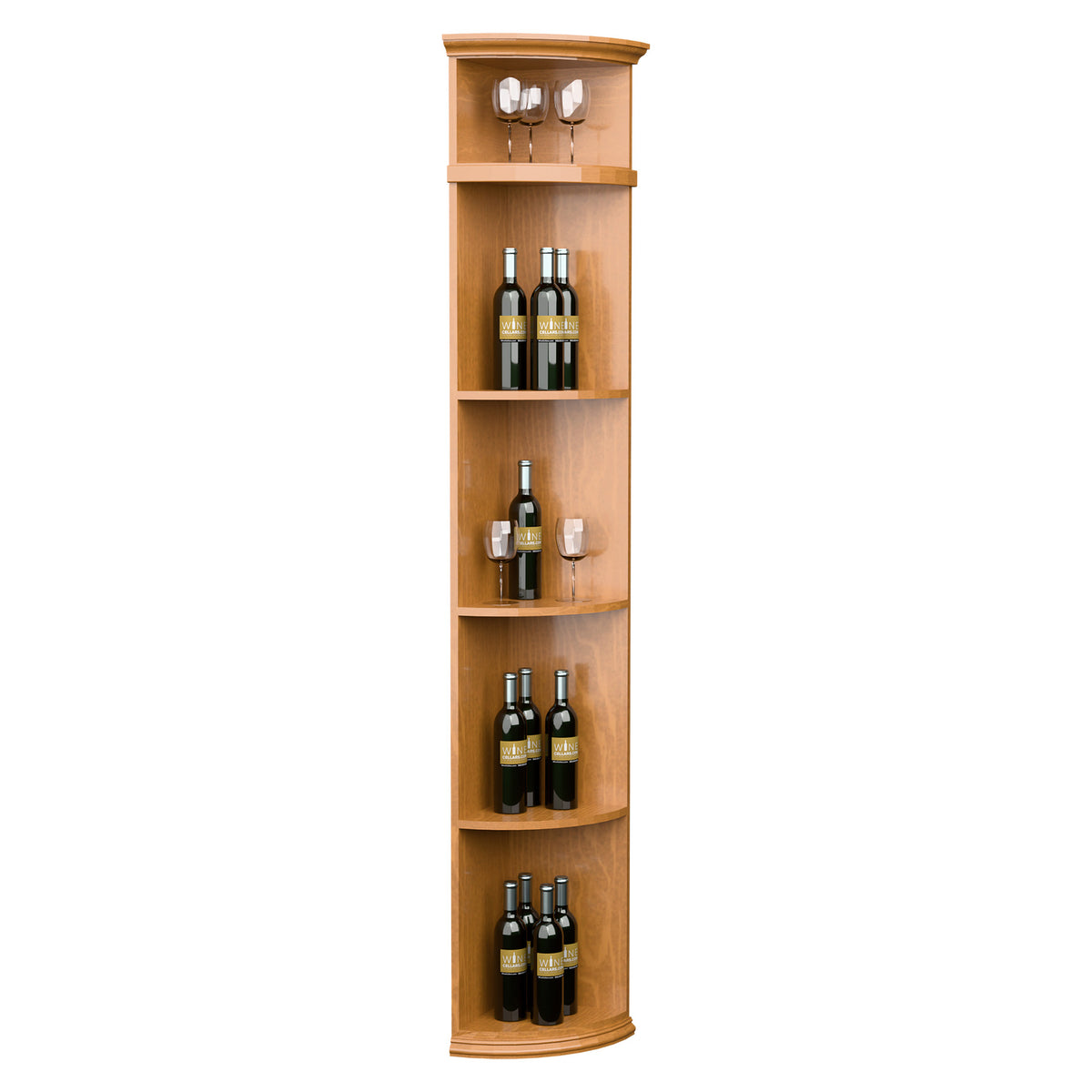 Natural light wood quarter-round wine shelf with round base and bottle storage shelves
