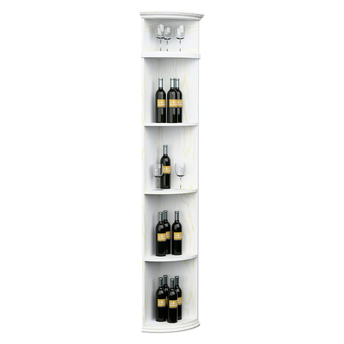 White quarter-round wine shelf with round base and open bottle and glass display shelves