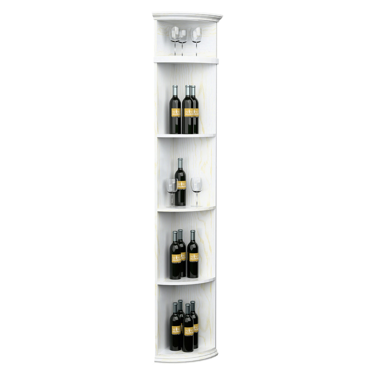 Bright white quarter-round wine shelf with round base and tiered bottle display shelves