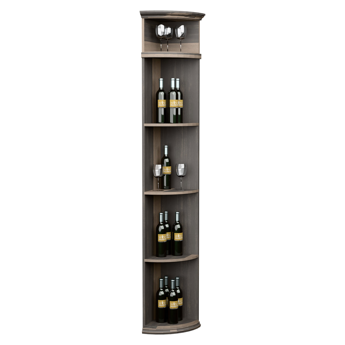 Dark gray quarter-round wine shelf with round base and open bottle display shelves