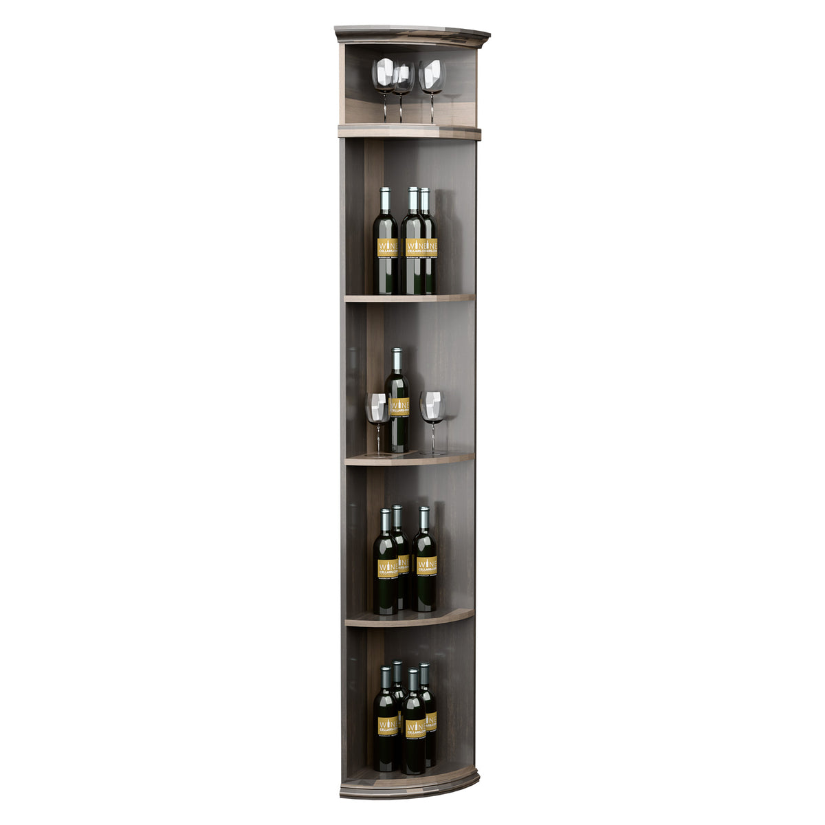 Charcoal gray quarter-round wine shelf with round base and tiered bottle and glass shelves