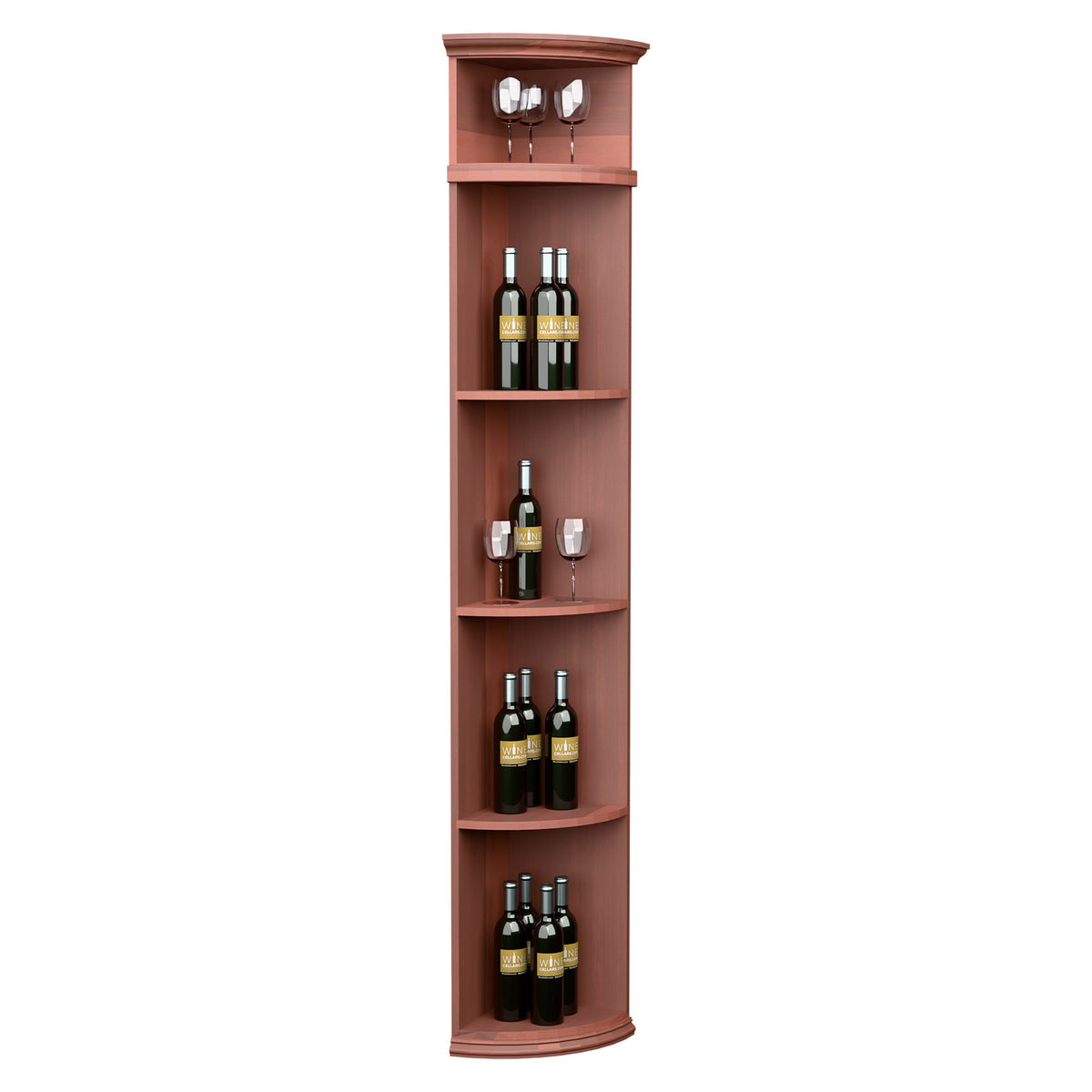 Warm reddish wood quarter-round wine shelf with round base and open bottle display shelves