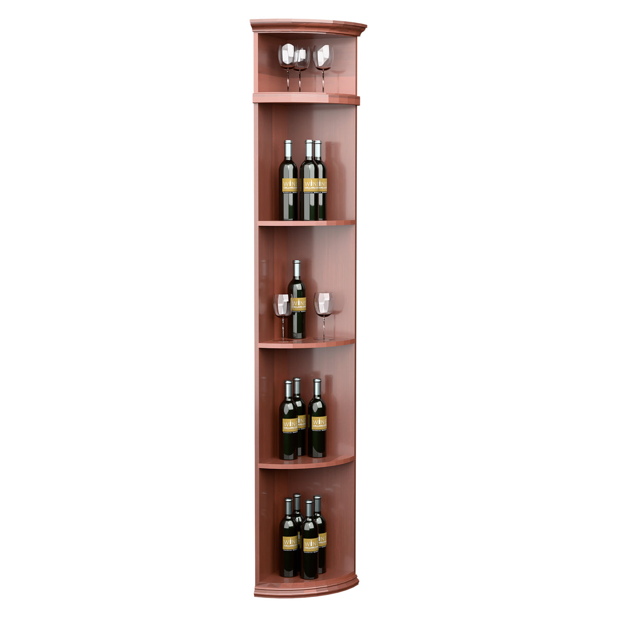 Rosewood-toned quarter-round wine shelf with round base and tiered bottle storage shelves