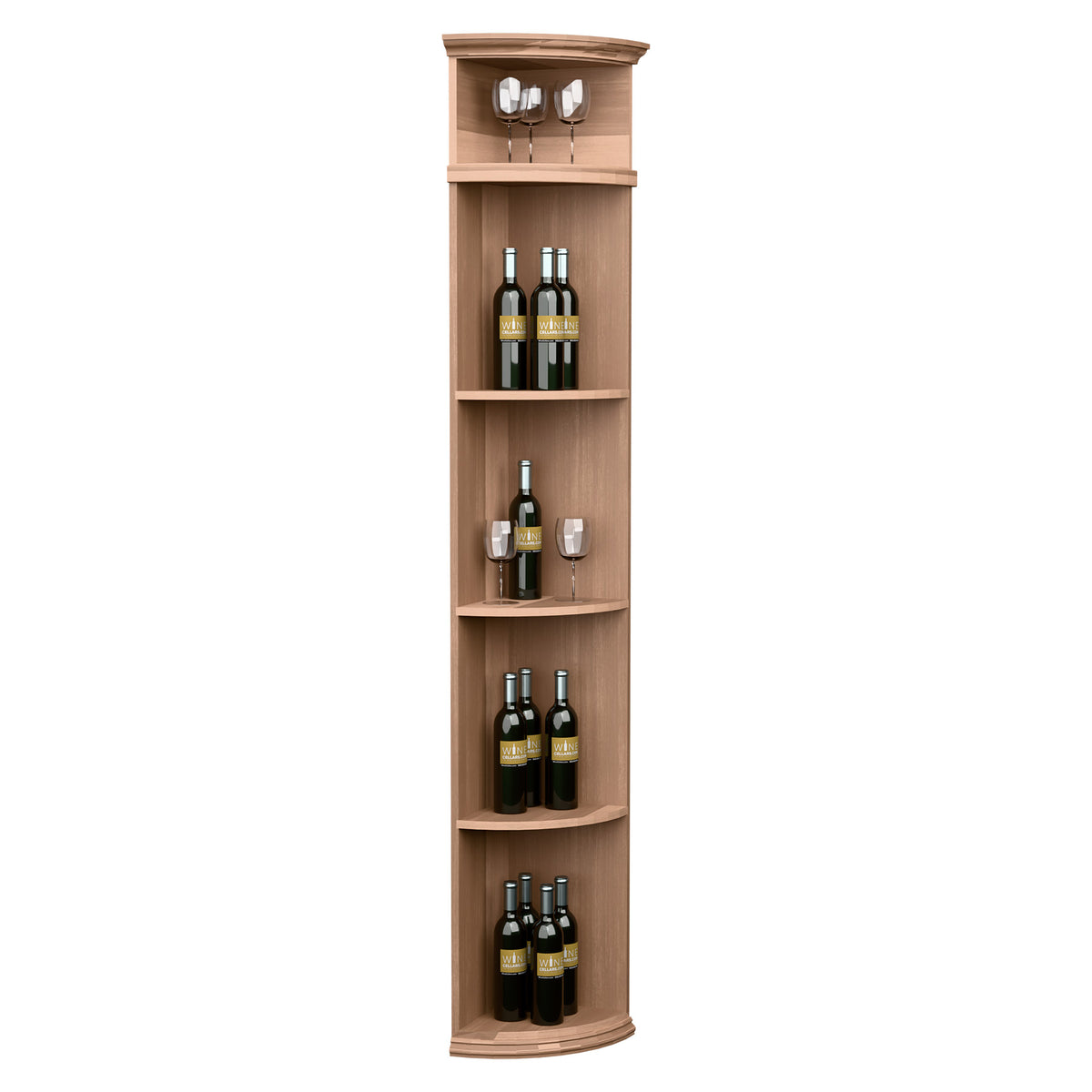 Light wood quarter-round wine shelf with round base, bottle shelves, and stemware holder