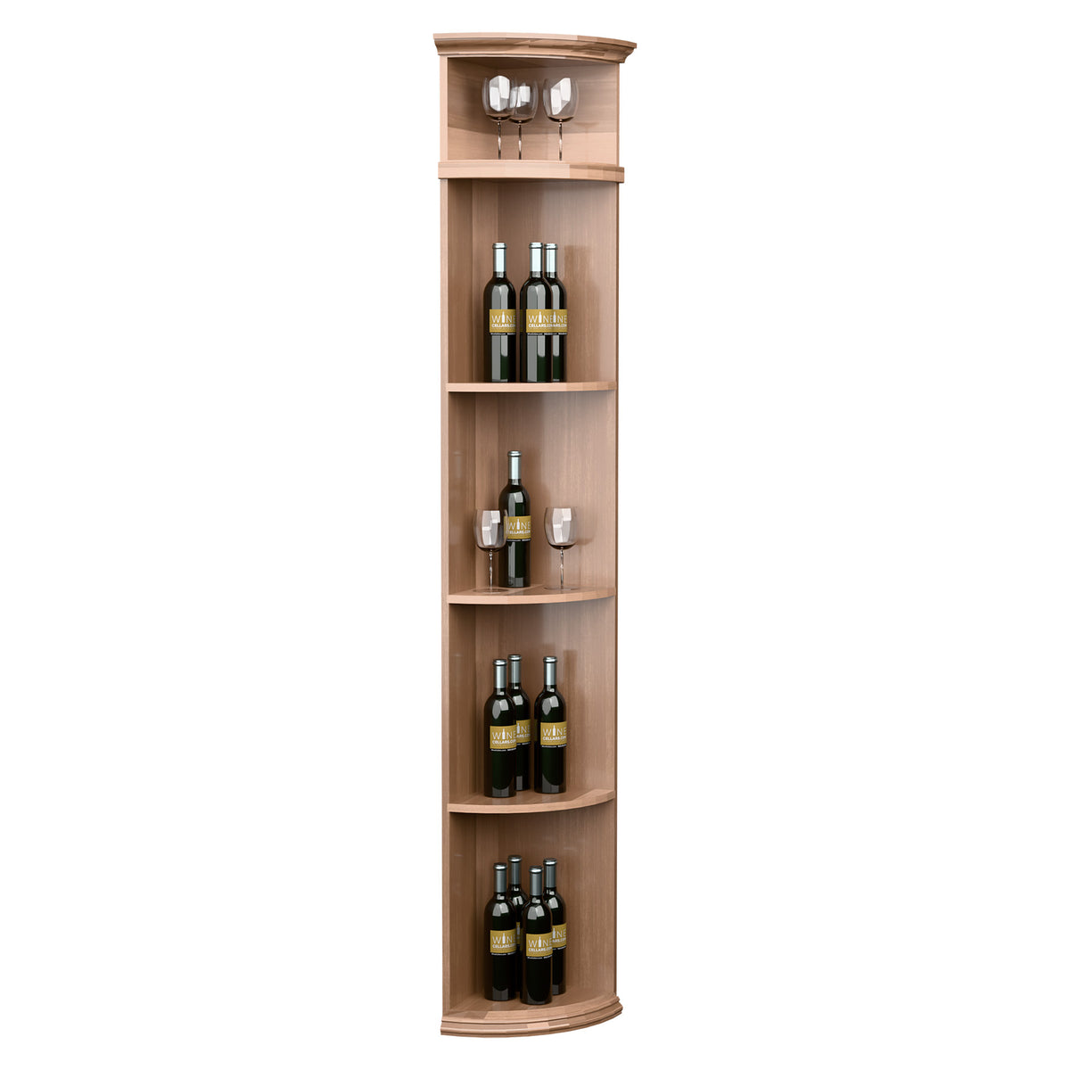 Light wood tall wine rack with quarter-round shape, round base, and bottle display shelves