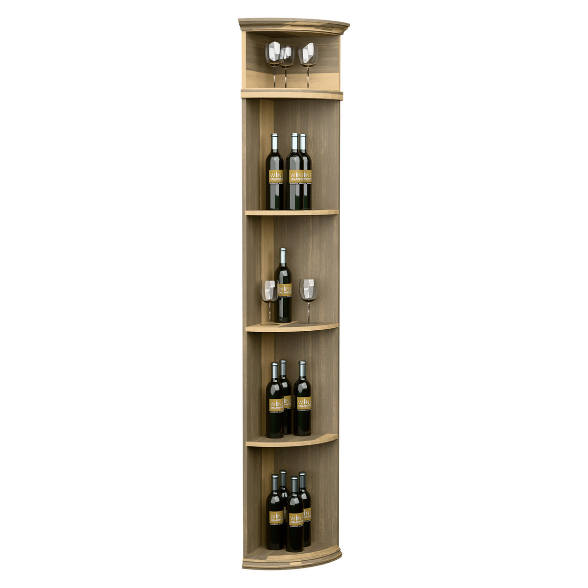 Light wood quarter-round wine shelf unit with round base and multiple bottle cubby shelves