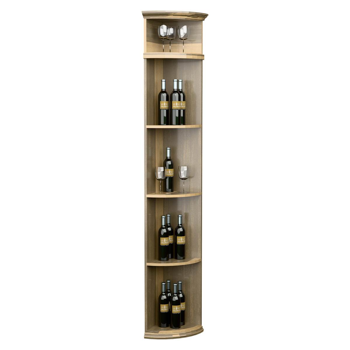 Light wood wine shelf with quarter-round corner design, round base, and bottle storage shelves