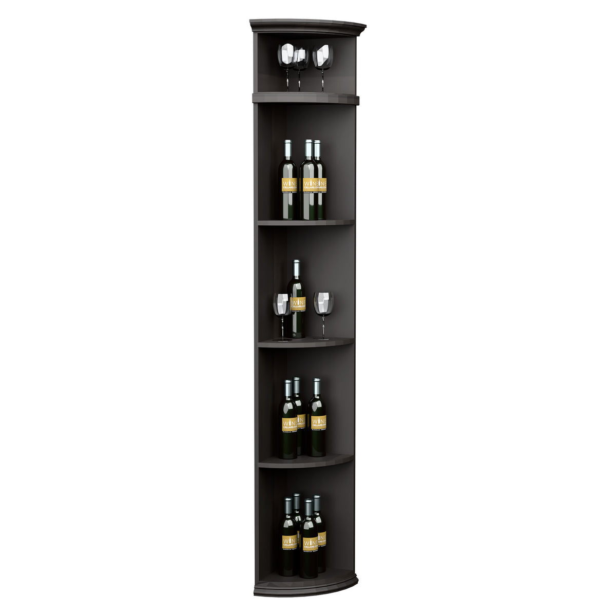 Dark wood quarter-round wine shelf with round base, bottle cubbies, and stemware holder