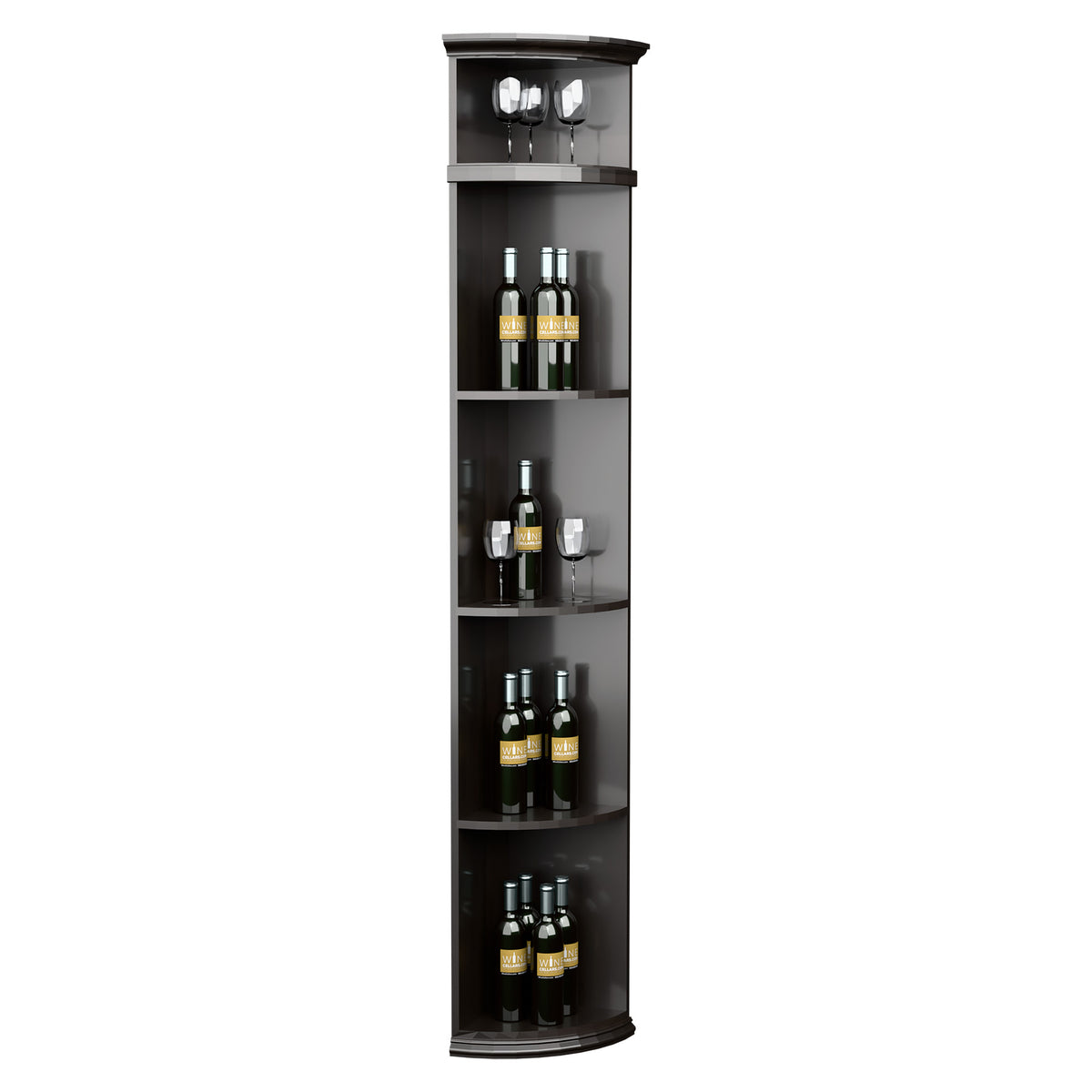 Dark gray quarter-round wine rack with rounded bottom shelves and top display alcove.