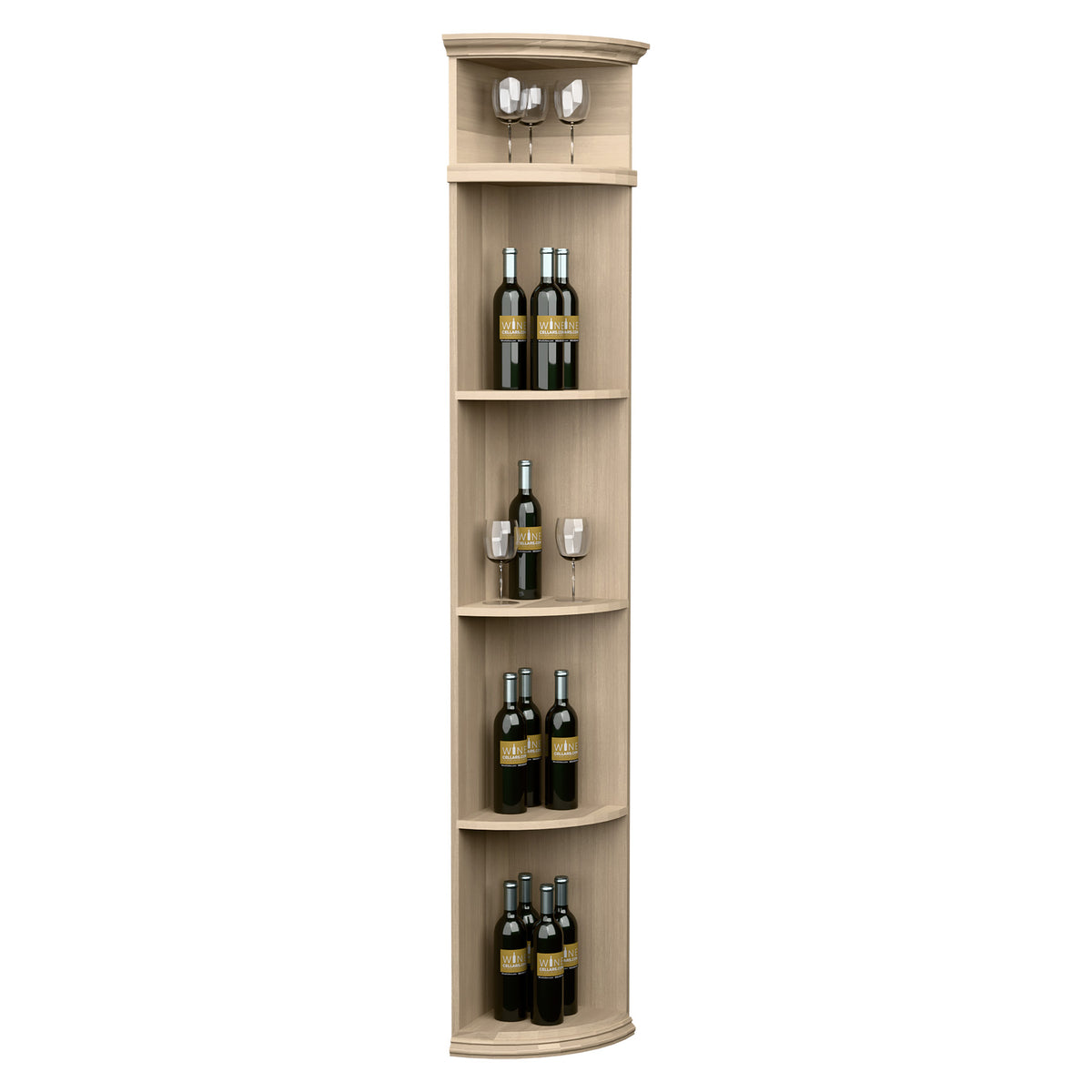 Light wood quarter-round wine rack with rounded base shelves and top bottle display.
