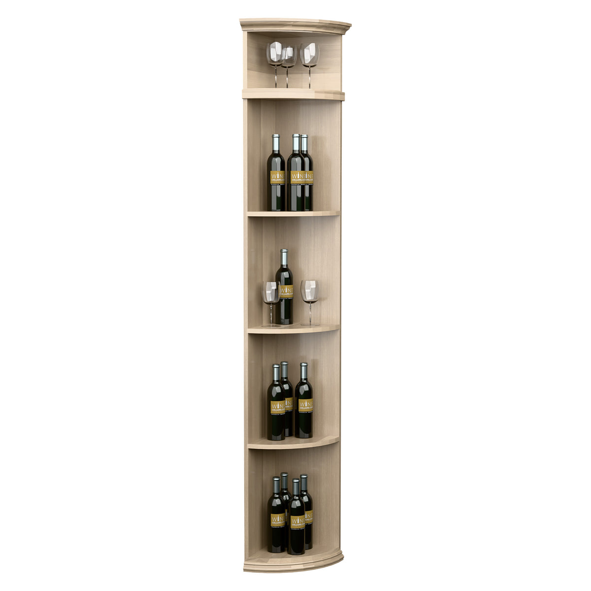Pale light wood quarter-round wine rack with vertical bottle cubbies and rounded shelves.