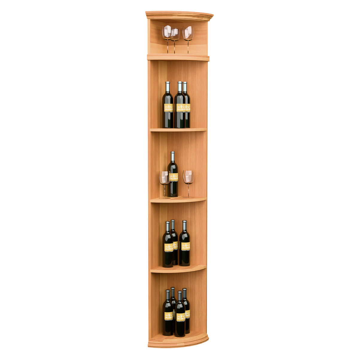 Light amber wood quarter-round wine rack with rounded bottom and top glass-cup holder.