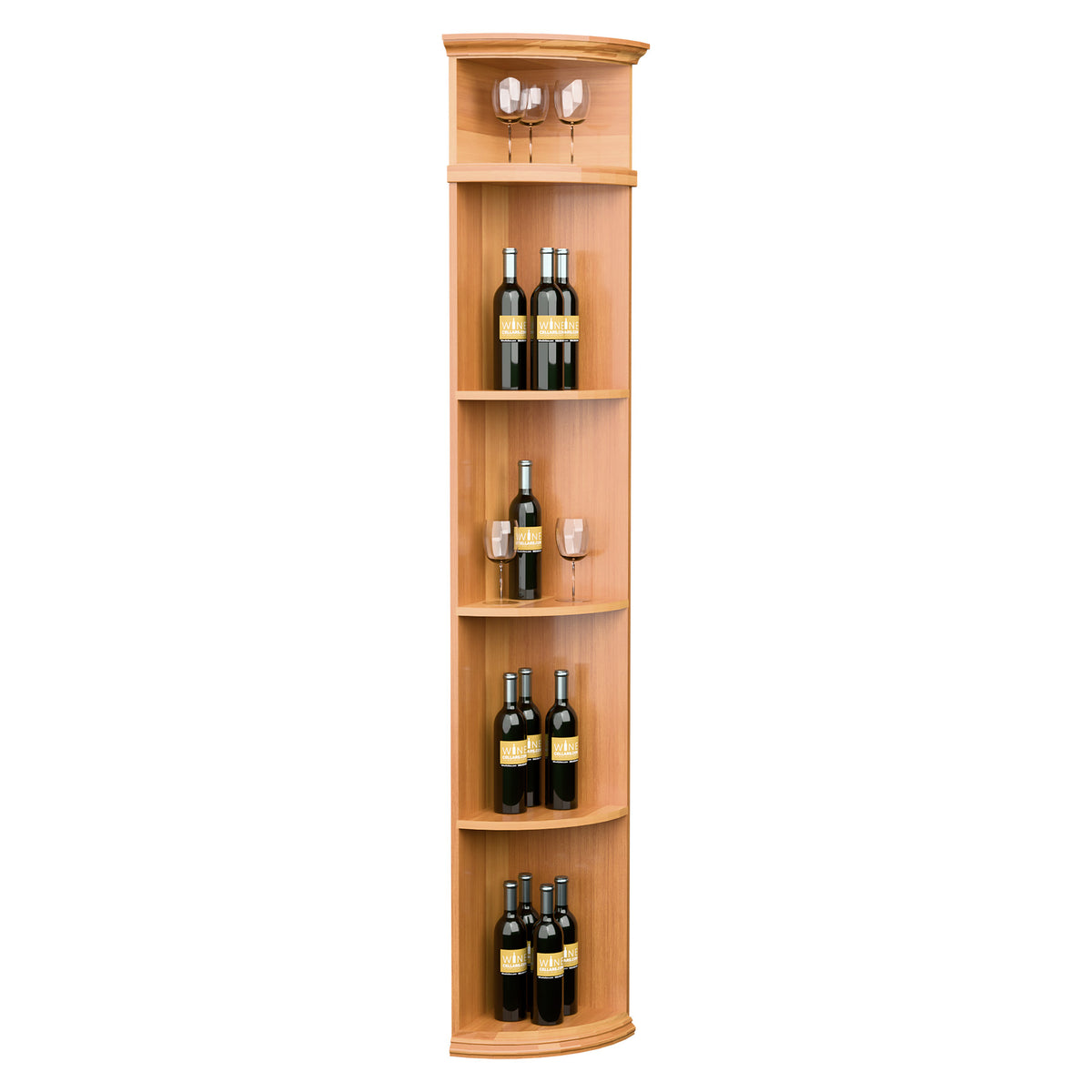 Honey-toned quarter-round wine rack with rounded base shelves and top display compartment.
