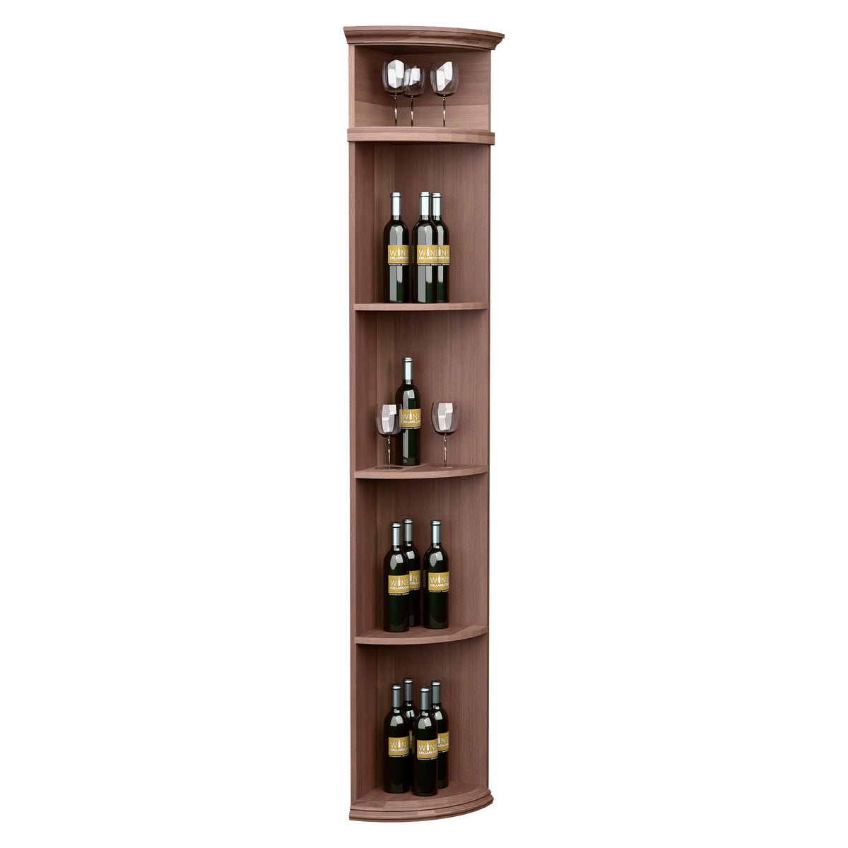 Medium brown quarter-round wine rack with rounded bottom shelves and top bottle storage.
