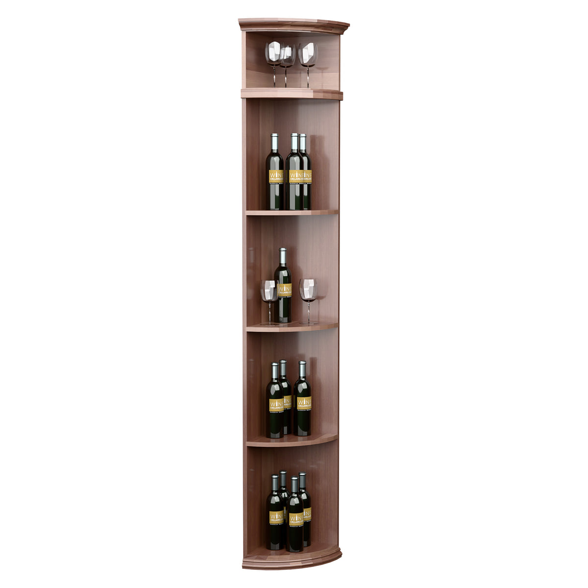 Light wood quarter-round wine display shelf with round base, bottle shelves, and glass holders