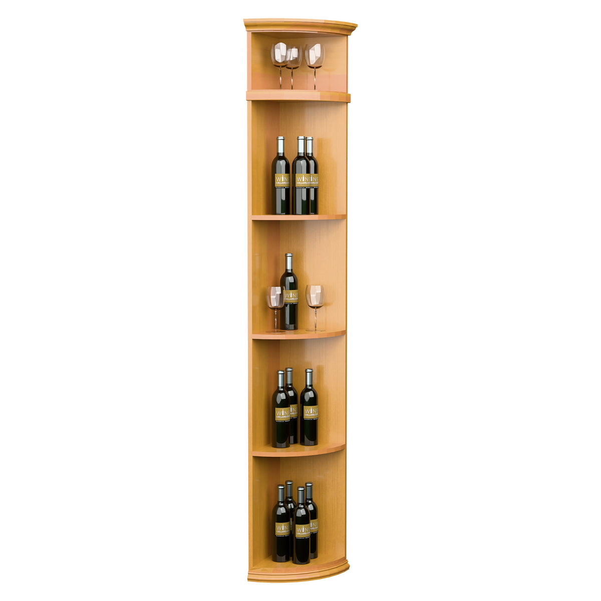 Light wood vertical quarter-round wine shelf with round base and bottle cubby compartments