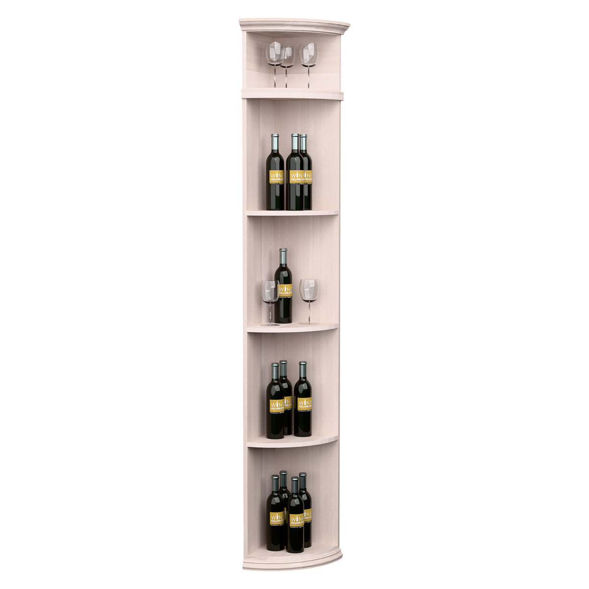 White-washed quarter-round wine shelf with round base, bottle cubbies, and stemware rack