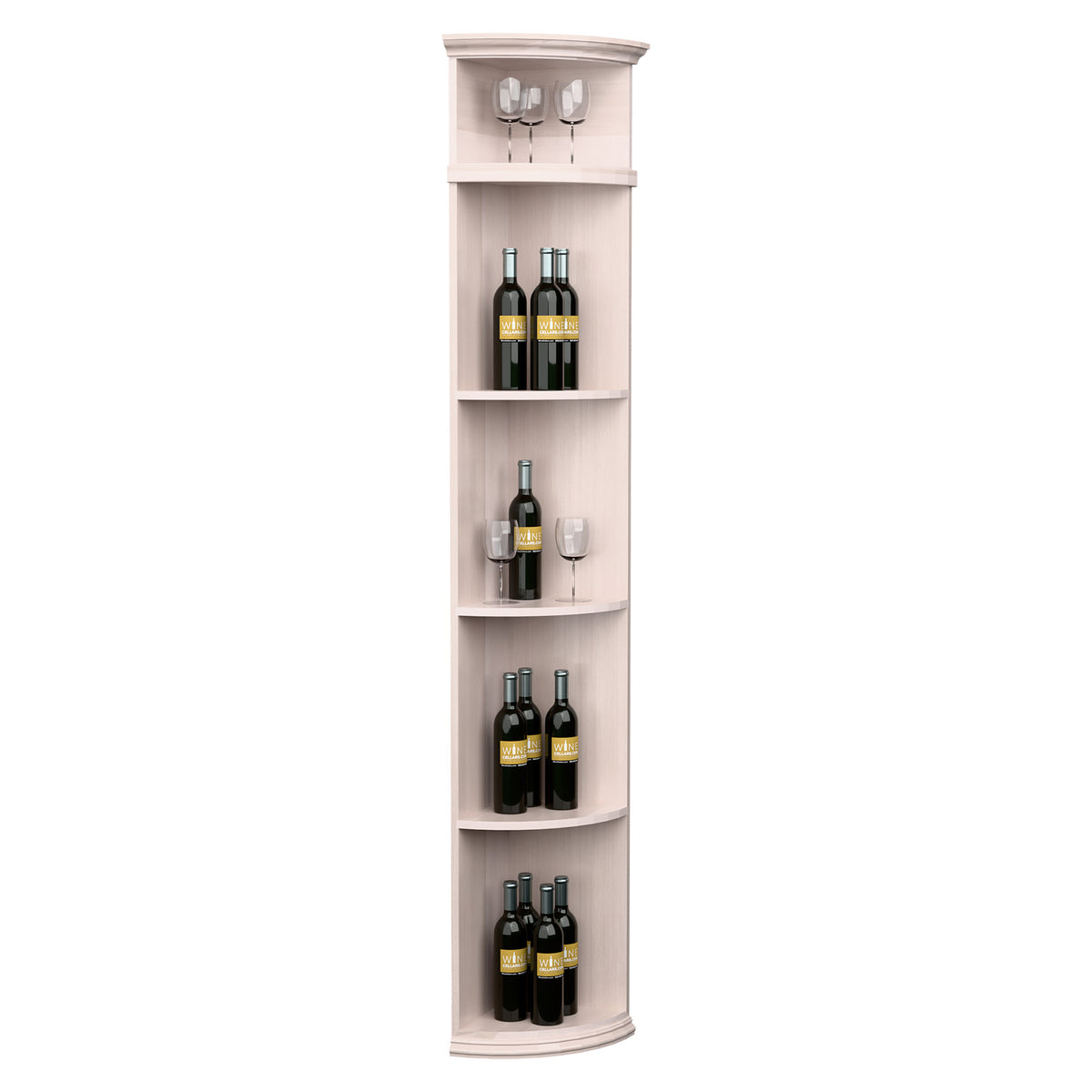 White quarter-round wine rack with round base, bottle shelves, and top stemware holders