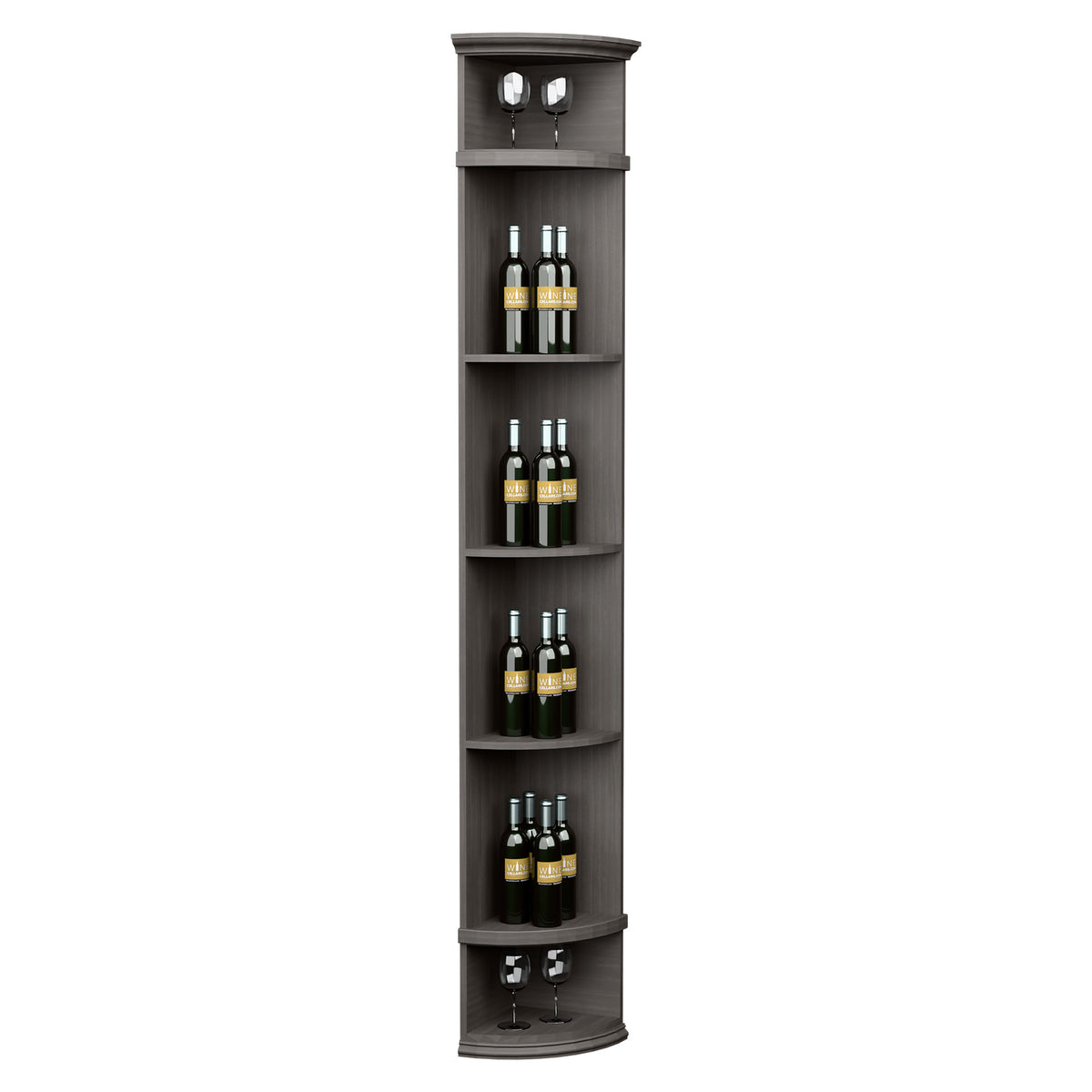 Black quarter-round wine shelf with round base and four curved bottle shelves