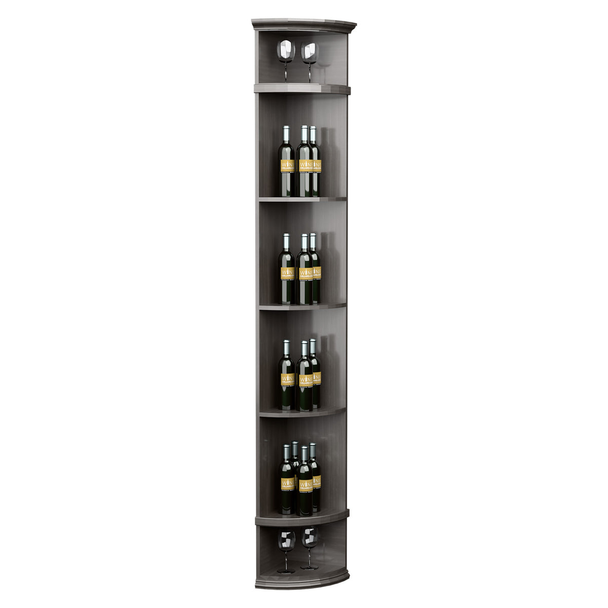 Dark gray quarter-round wine shelf with round base and four curved bottle shelves