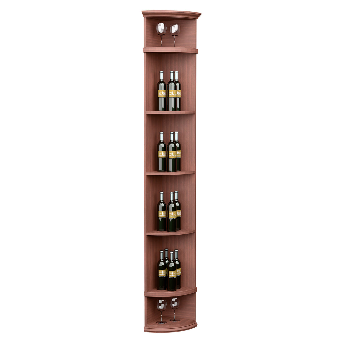 Reddish brown quarter-round wine shelf with round base and four curved bottle shelves