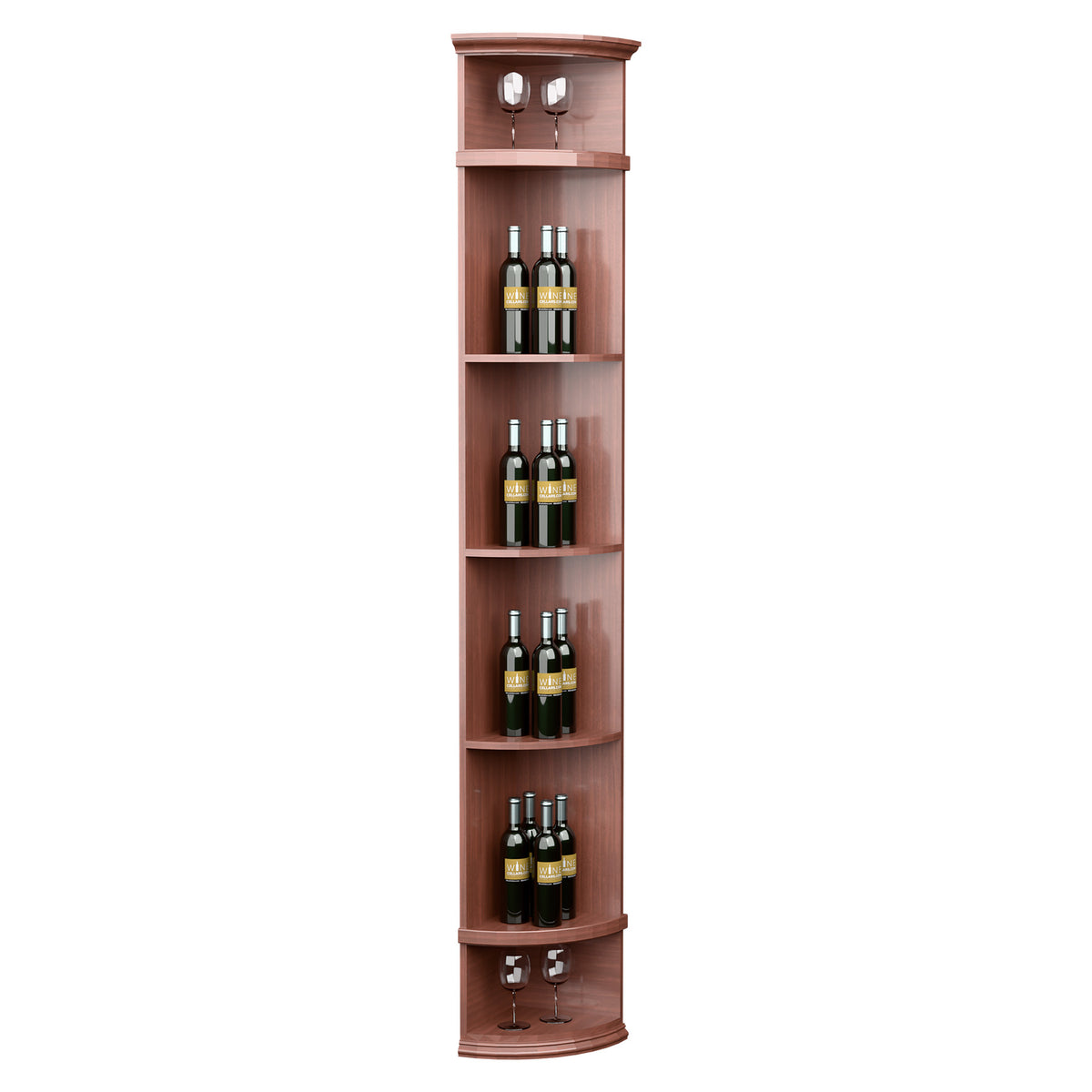 Warm reddish quarter-round wine shelf with round base and four curved bottle shelves
