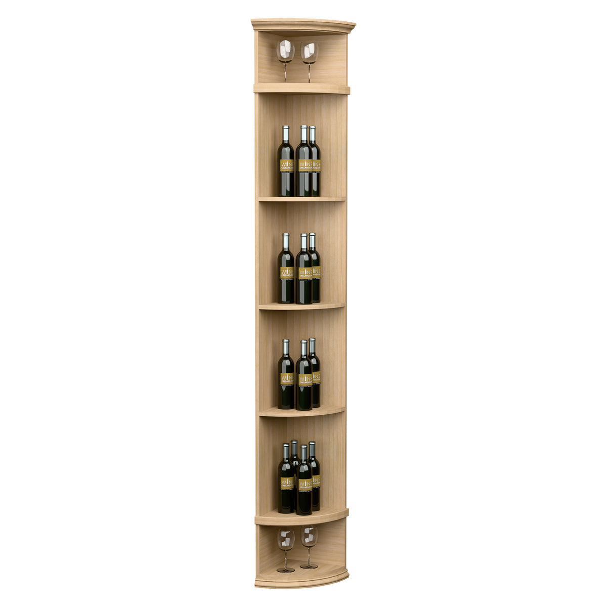 Light beige quarter-round wine shelf with round base and four curved bottle shelves