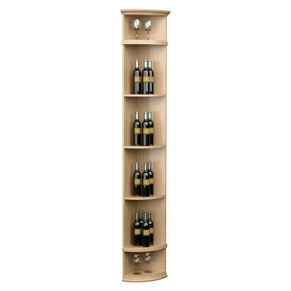 Natural light wood quarter-round wine shelf with round base and four curved bottle shelves