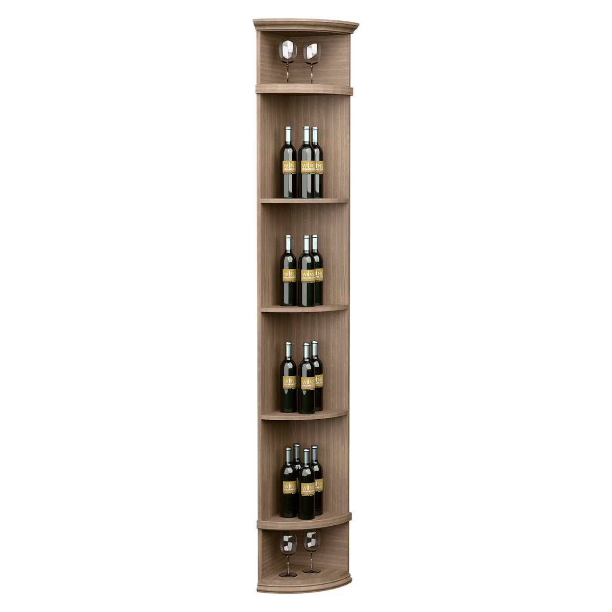 Light tan quarter-round wine shelf with round base and four curved bottle shelves