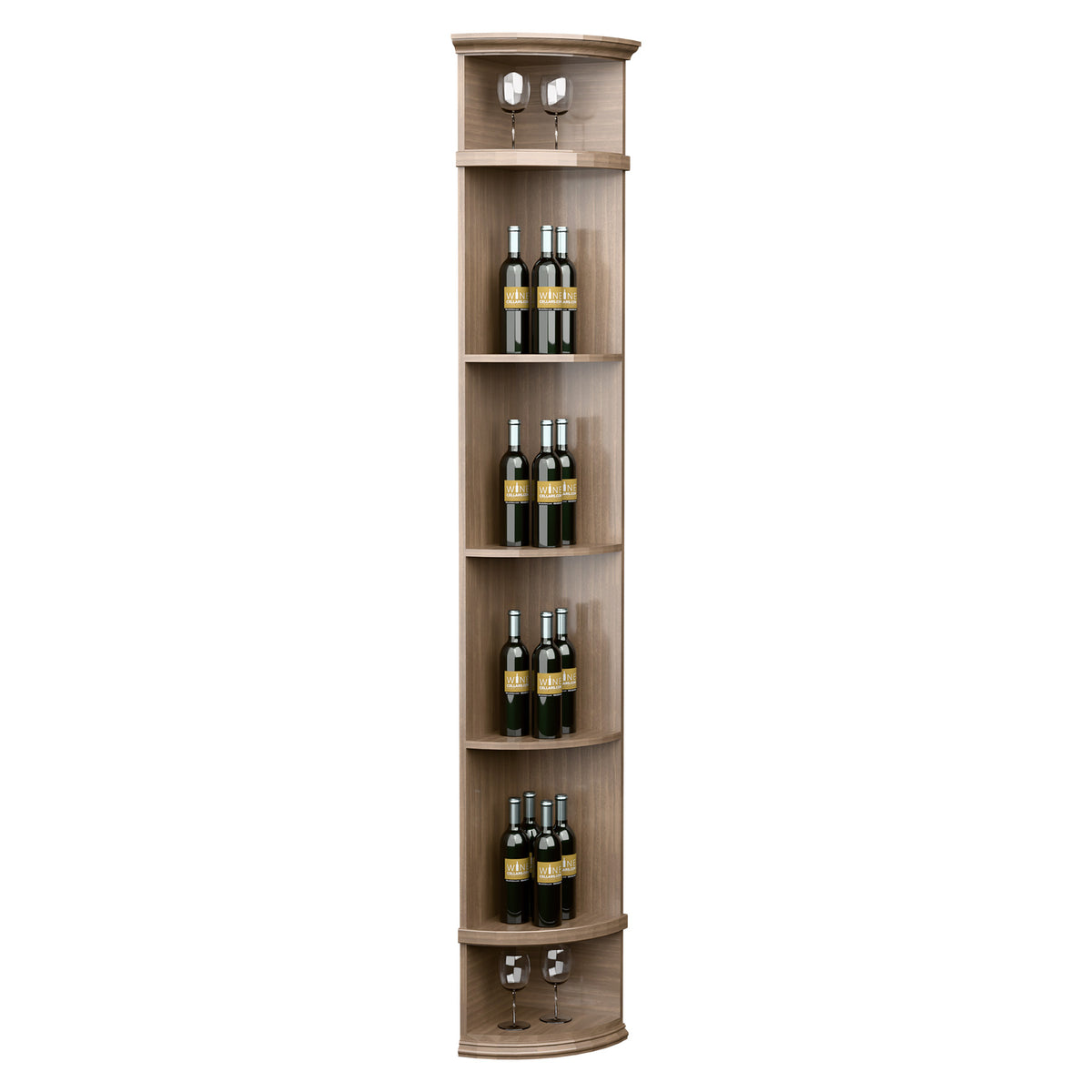 Medium light wood quarter-round wine shelf with round base and four curved bottle shelves