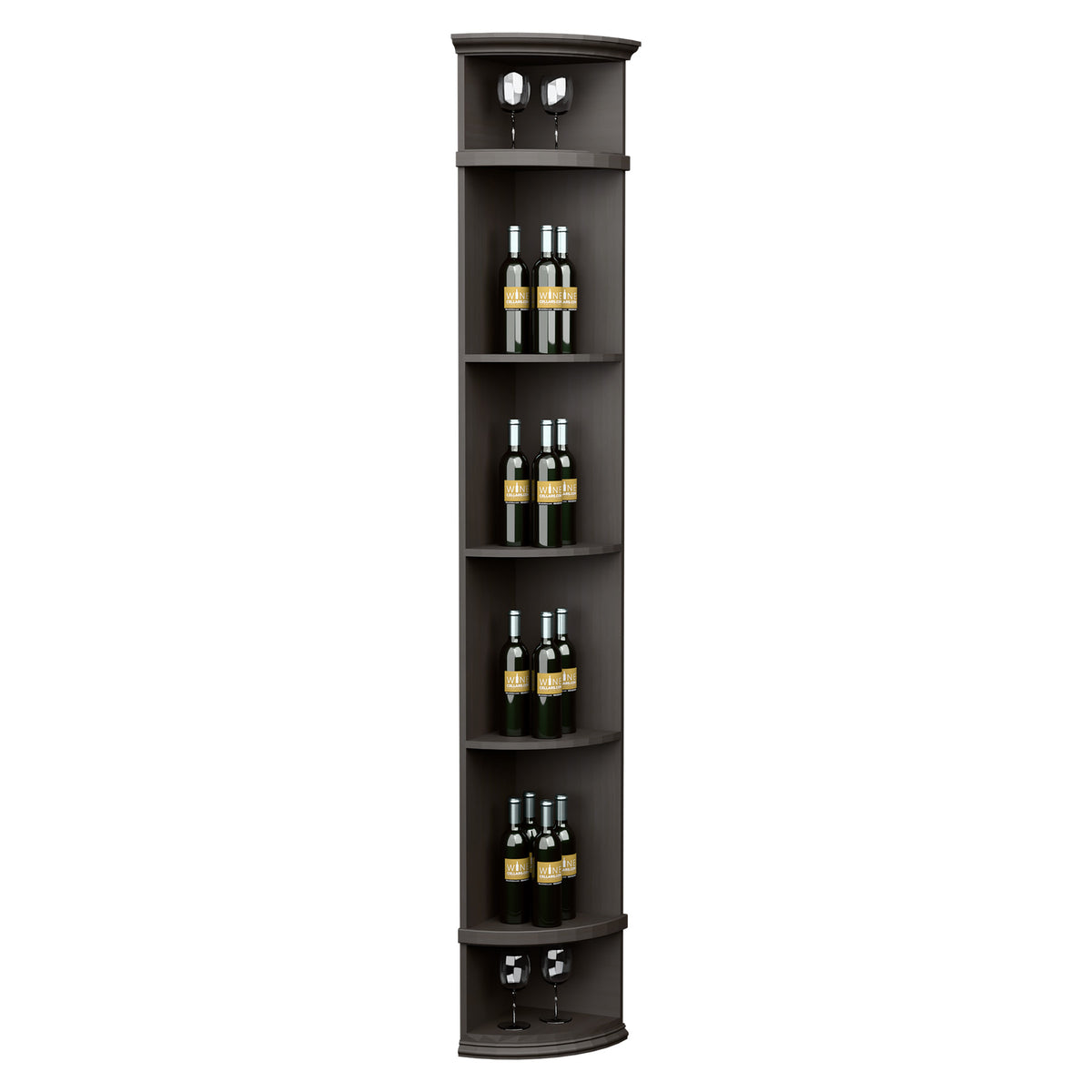 Charcoal black quarter-round wine shelf with round base and four curved bottle shelves