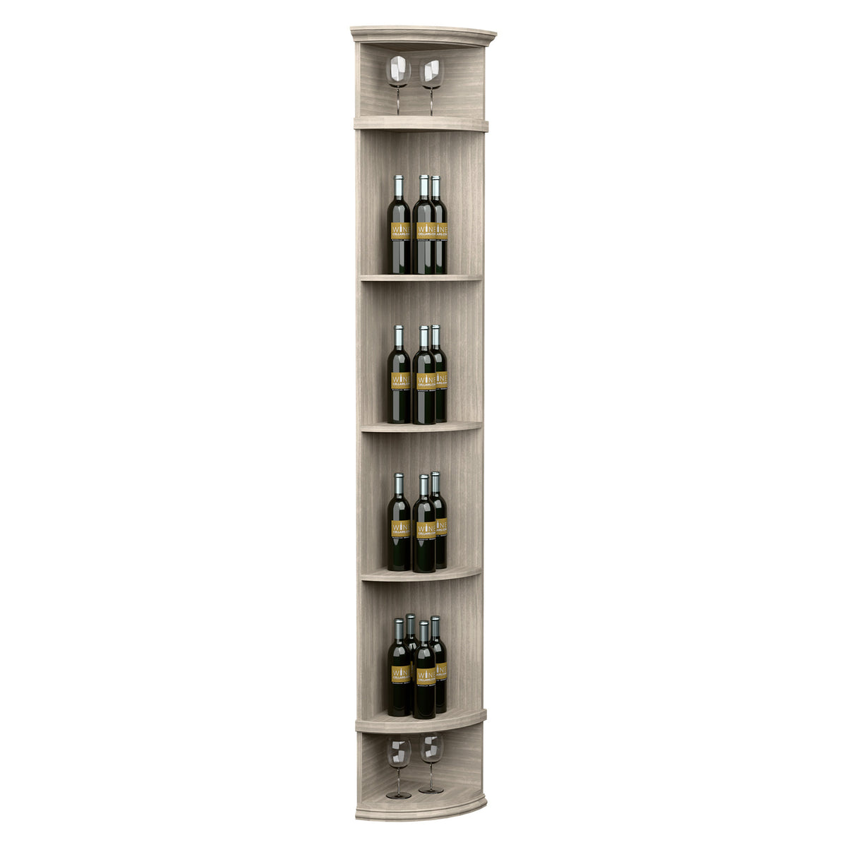 White quarter-round wine shelf with round base, bottle slots, and two top cubbies