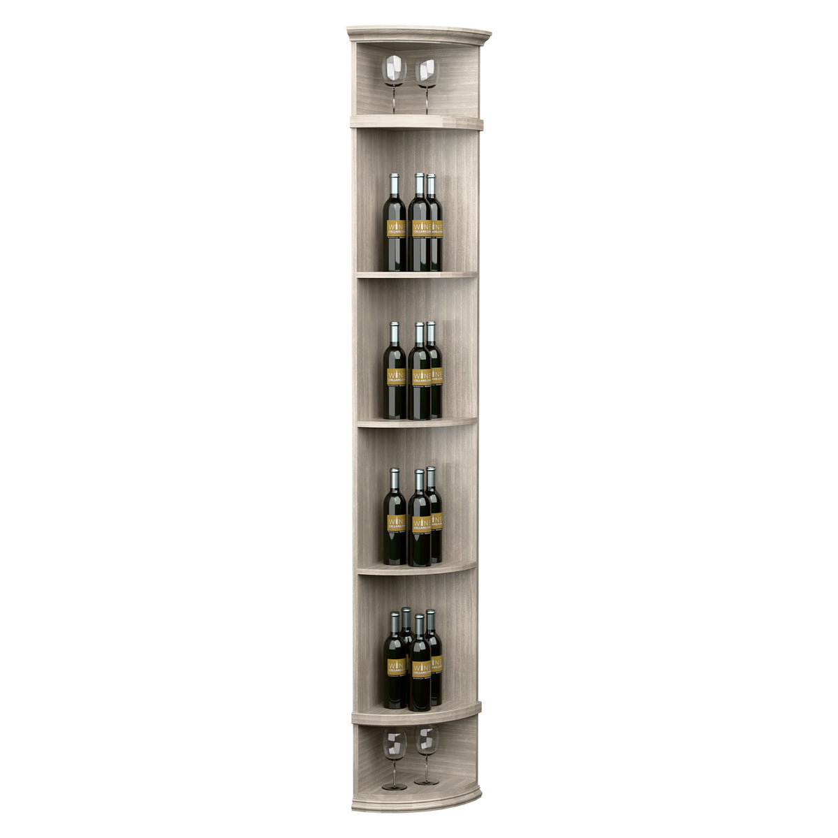 Light wood quarter-round wine shelf with round base, bottle slots, and two top cubbies
