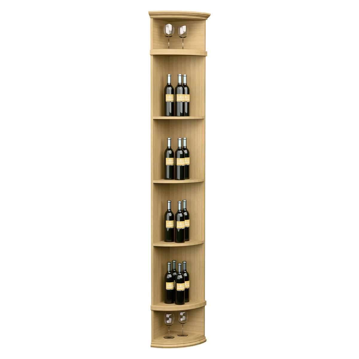 Natural wood quarter-round wine shelf with round base, four curved bottle shelves