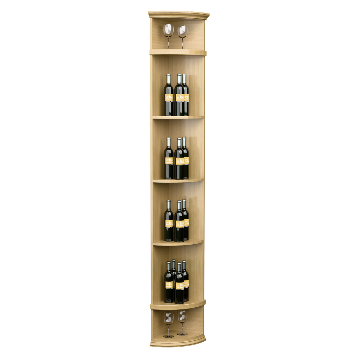 Pale honey wood quarter-round wine shelf with round base and four curved shelves