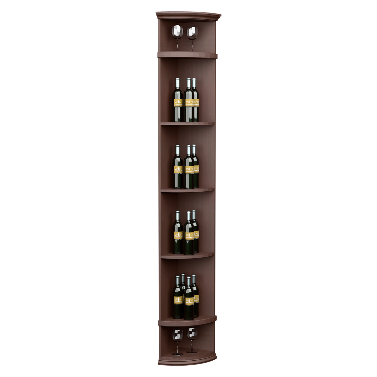 Dark brown quarter-round wine shelf with round base, curved bottle shelves and cubbies