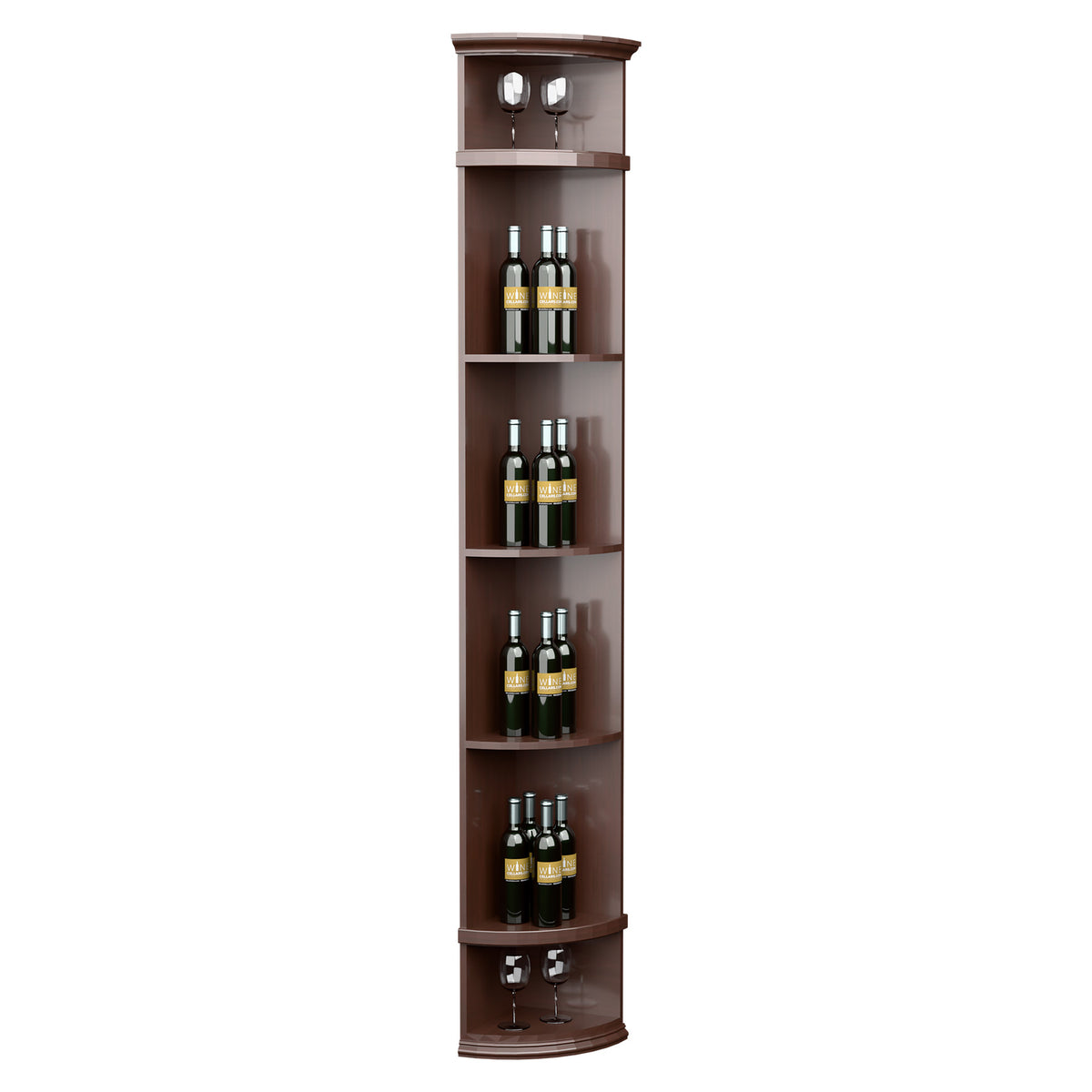 Espresso-brown quarter-round wine shelf with round base, curved bottle compartments