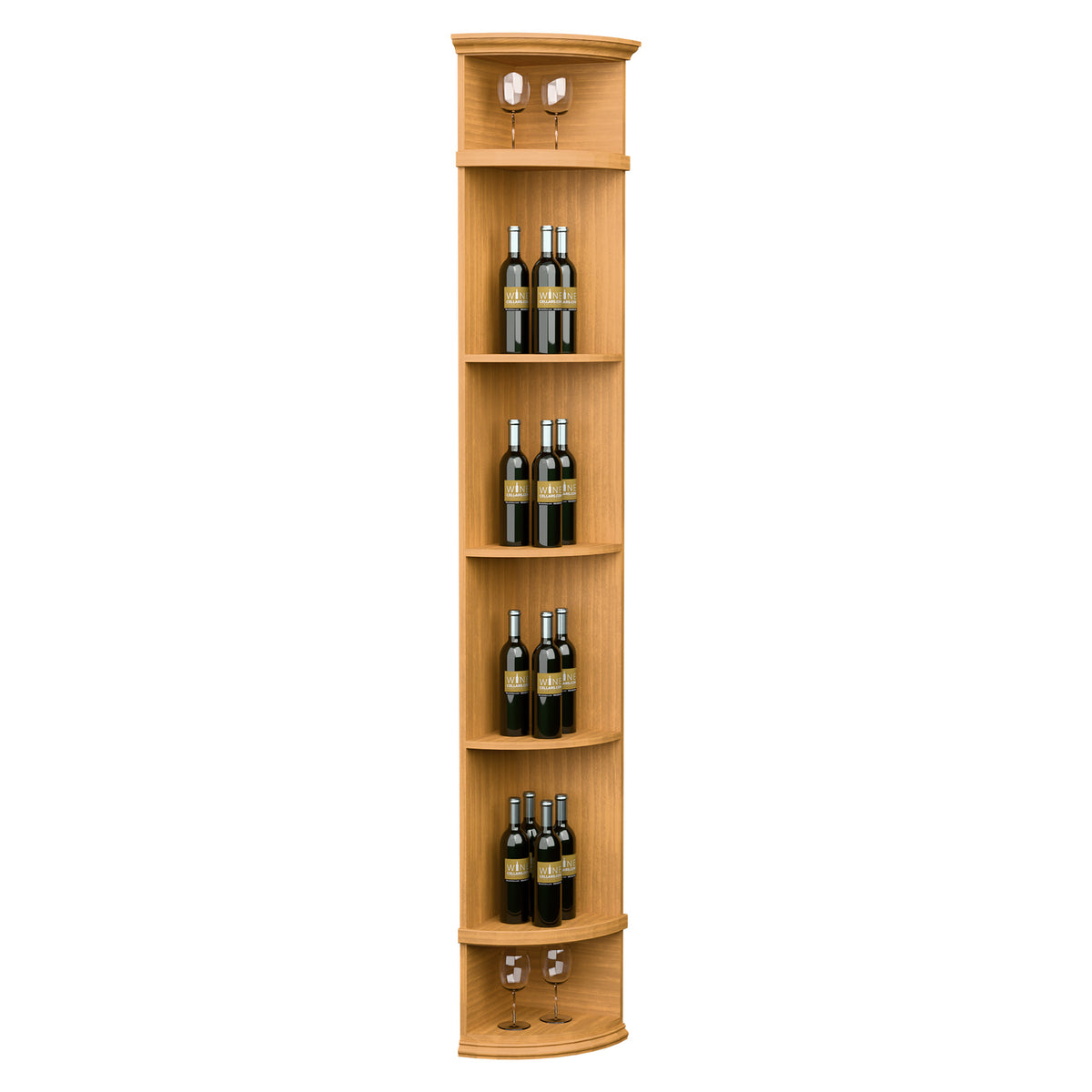 Wheat-colored quarter-round wine shelf with round base, curved bottle shelves and top lamps