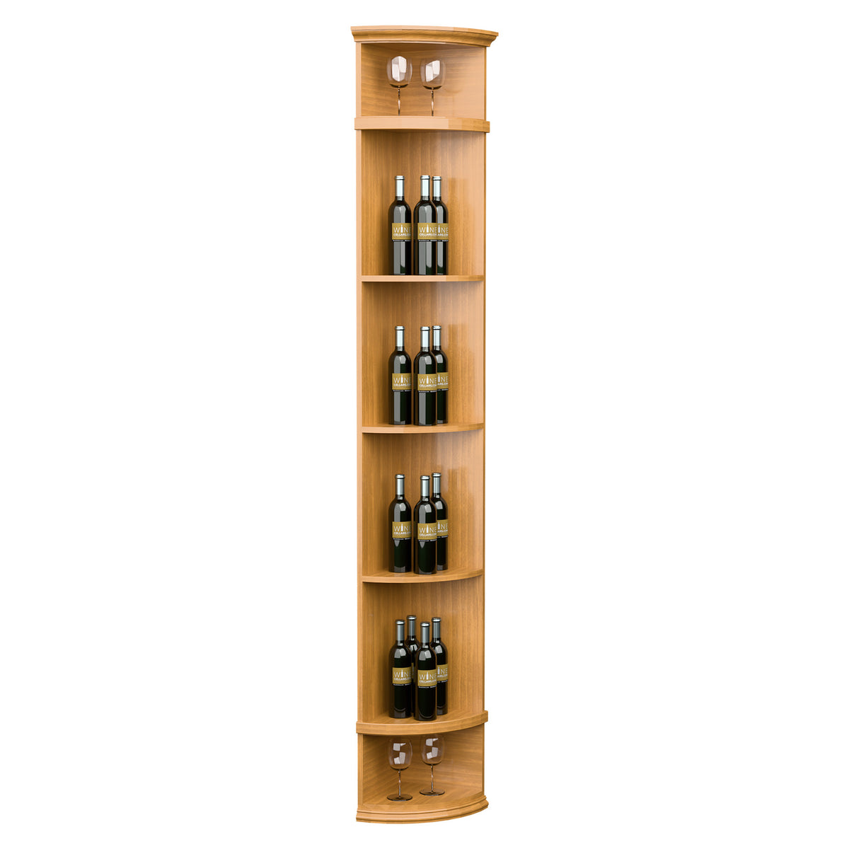 Light amber quarter-round wine shelf with round base, curved bottle shelves and top cubbies