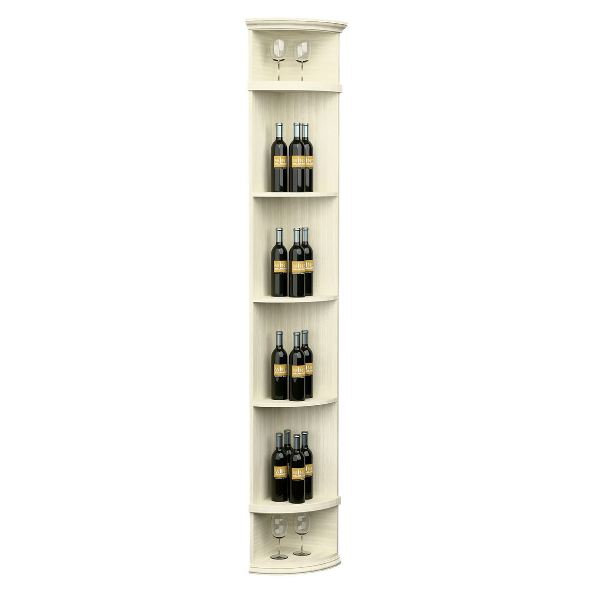 Cream white quarter-round wine shelf with round base, curved bottle shelves and two top cubbies