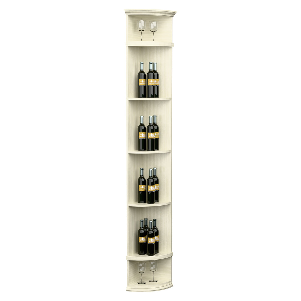 Ivory quarter-round wine shelf with round base, curved bottle shelves and two top cubbies