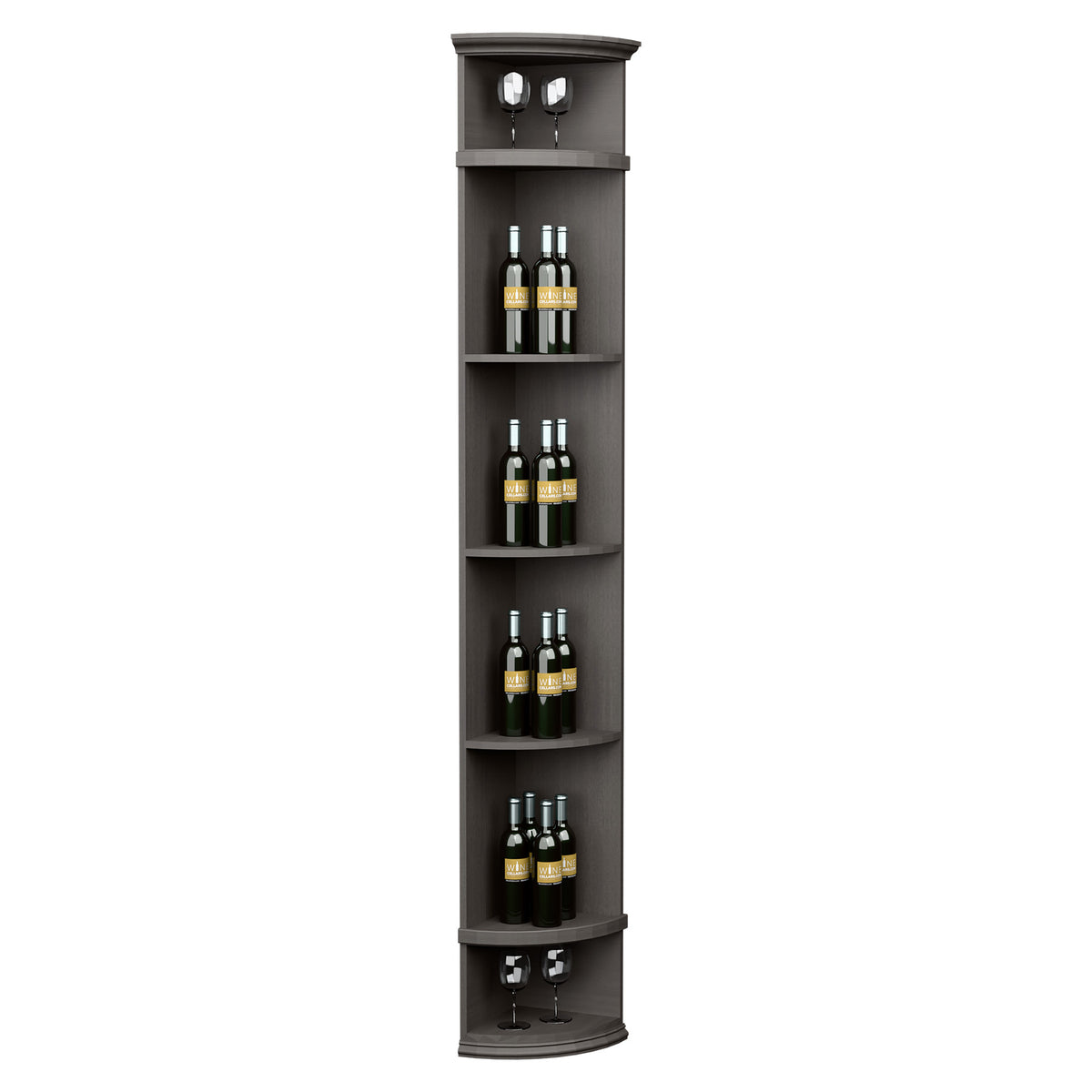Dark quarter-round wine shelf with round base, 4 bottle tiers and glass holders