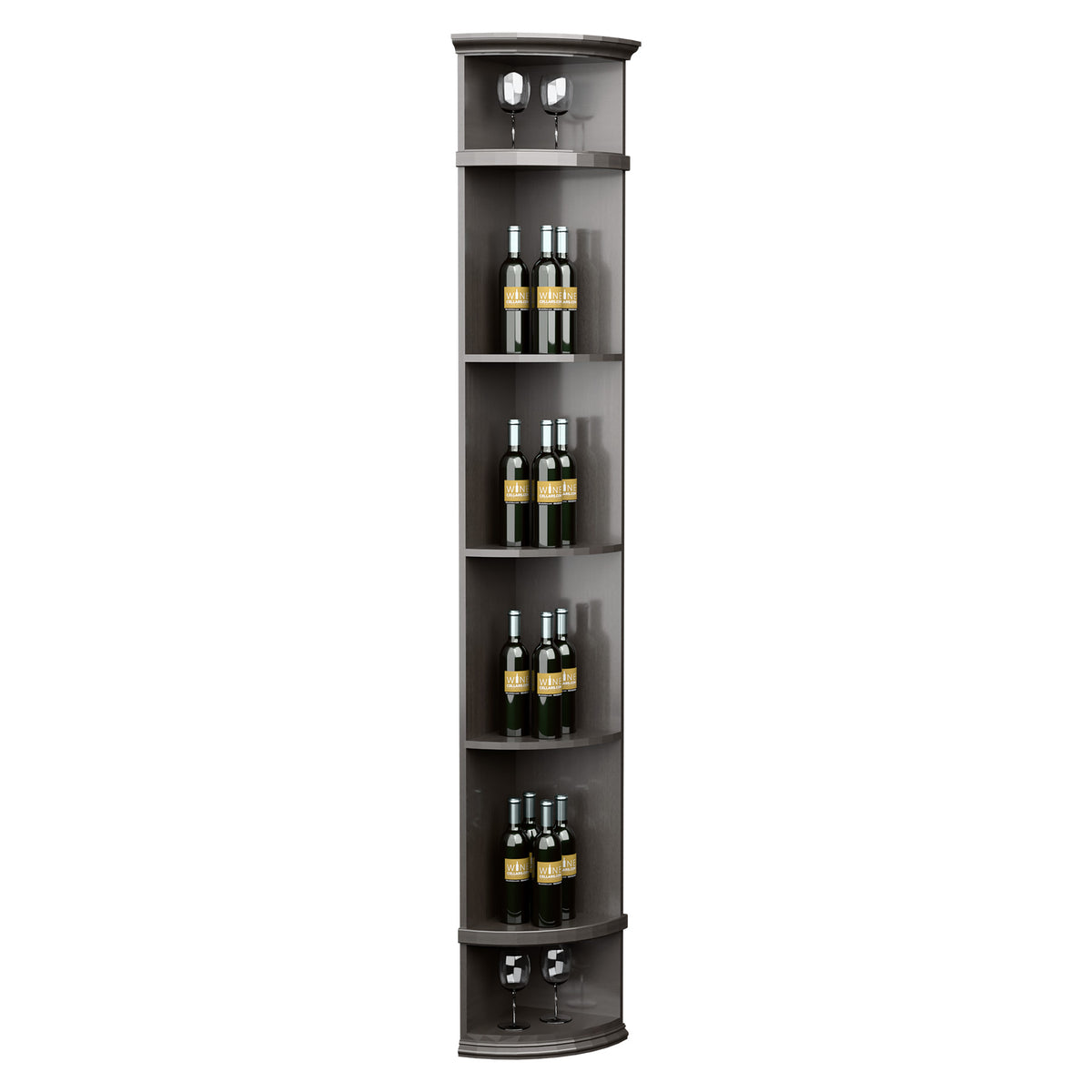Dark quarter-round wine shelf with round base, 4 bottle tiers and glass holders