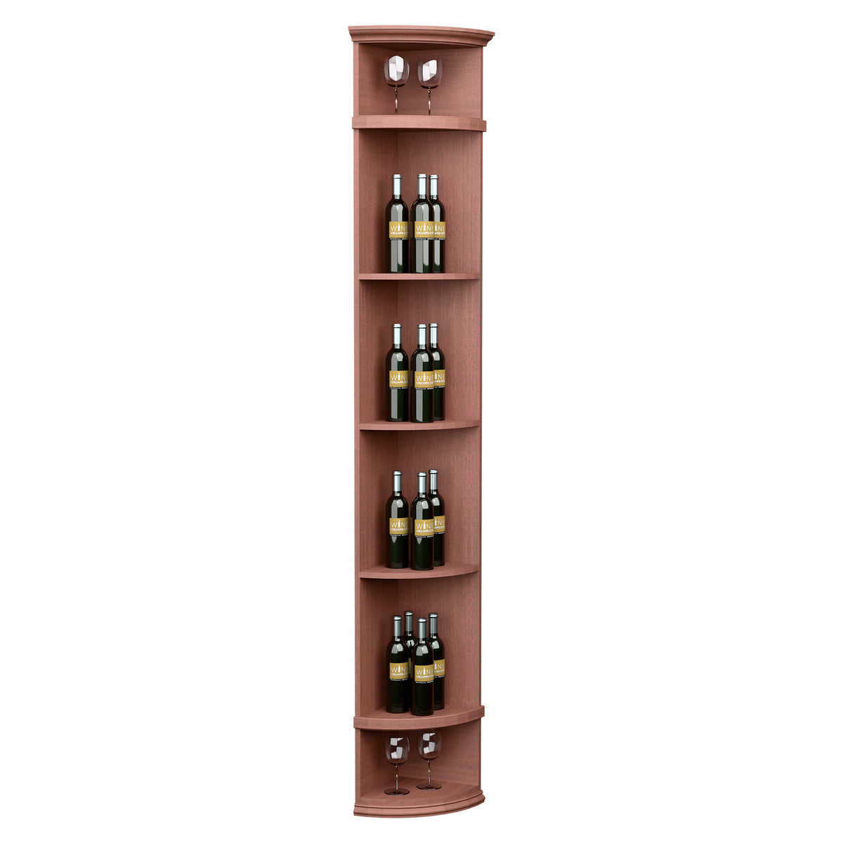Red-stained quarter-round wine shelf with round base, 4 bottle tiers and glass holders