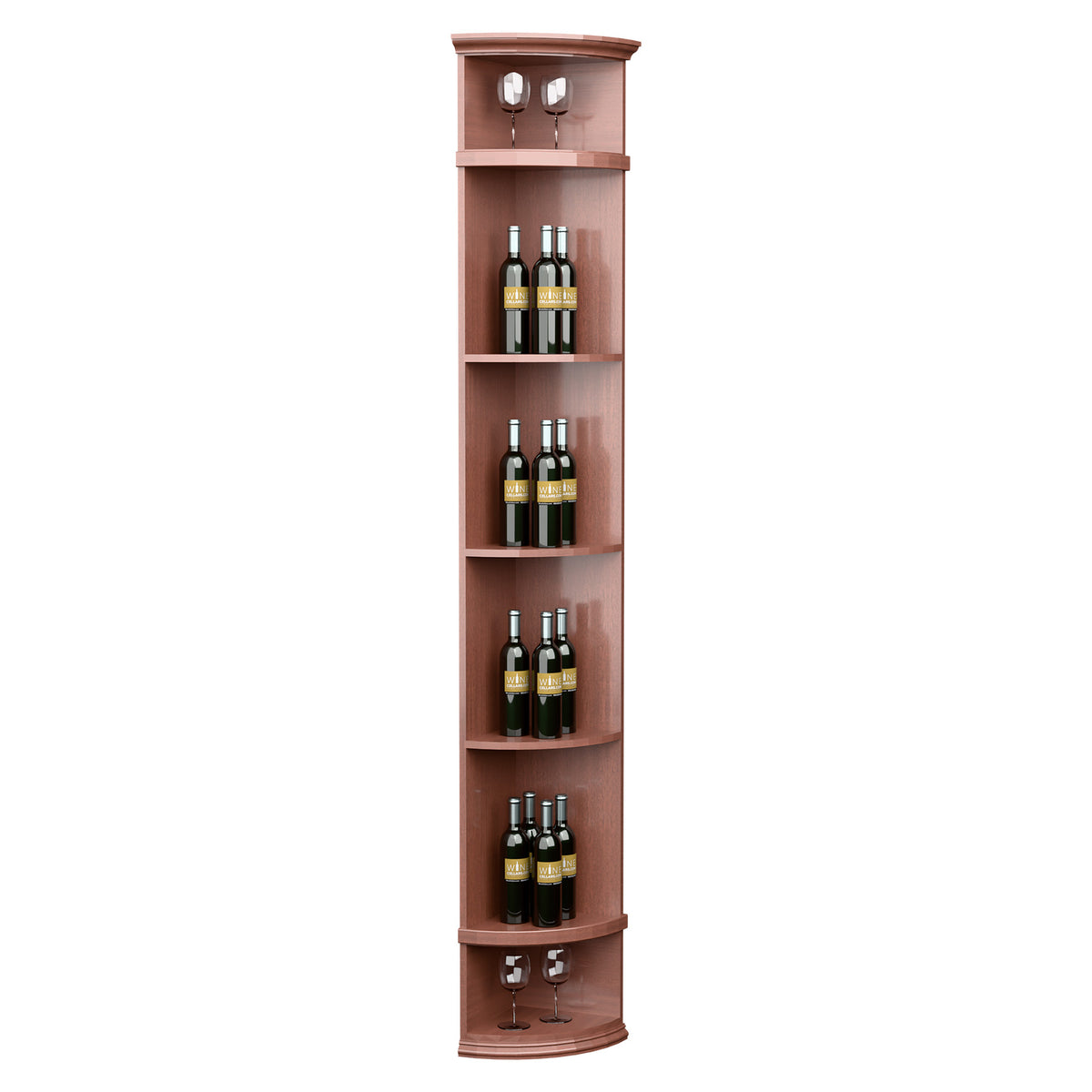 Red-stained quarter-round wine shelf with round base, 4 bottle tiers and glass holders
