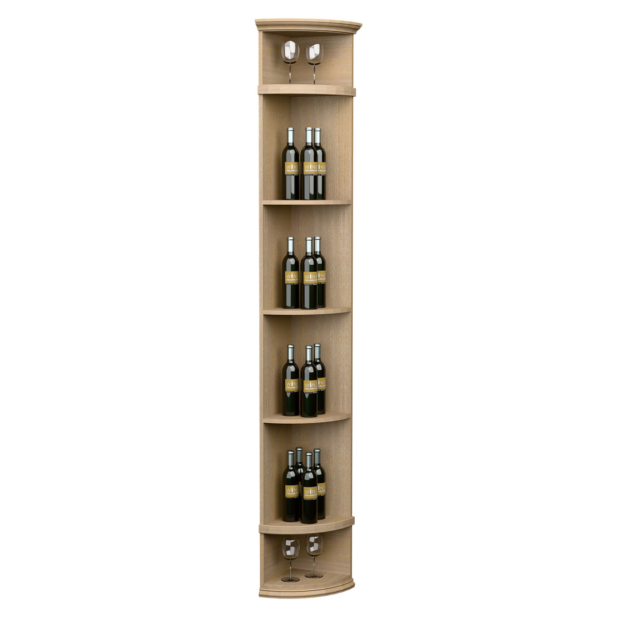 Light wood quarter-round wine shelf with round base, 4 bottle tiers and glass holders