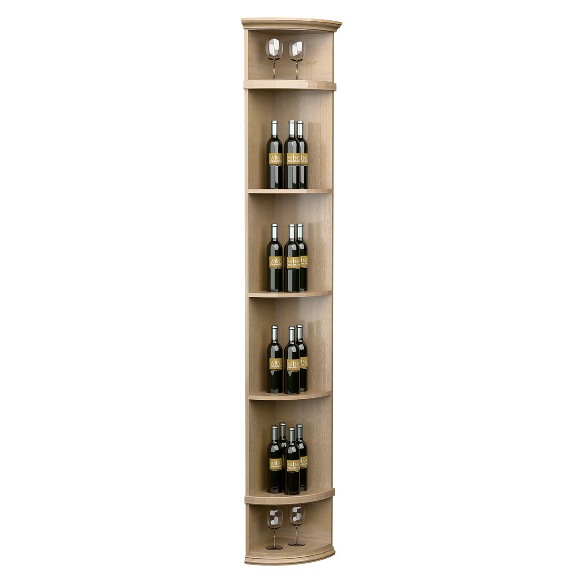 Light wood quarter-round wine shelf with round base, 4 bottle tiers and glass holders