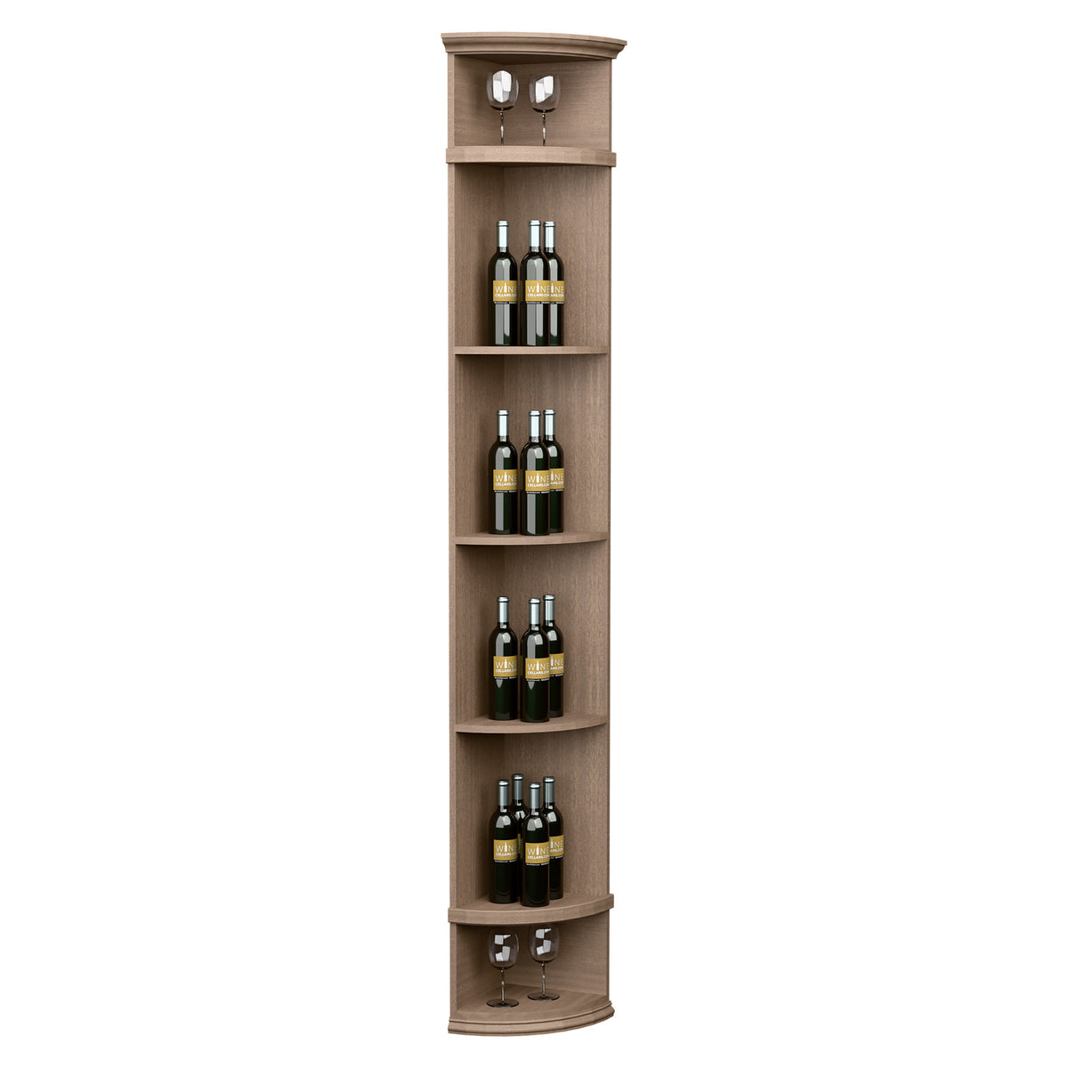 Light wood quarter-round wine shelf with round base, 4 bottle tiers and glass holders